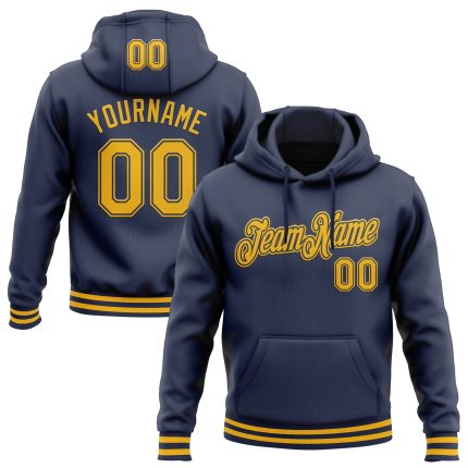 Personalized Navy Gold Sports Hoodie Pullover Sweatshirt for Men and Women Personalized Stitched Navy Gold Sports Pullover