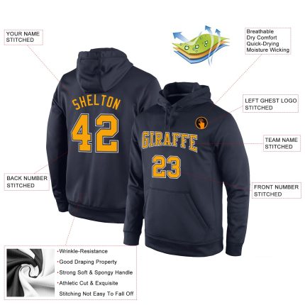 Personalized Navy Gold White Sports Hoodie Sweatshirt Pullover - Custom Stitched Apparel Personalized Stitched Navy Gold-White