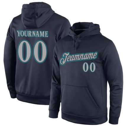 Custom Name and Number Sports Hoodie Pullover Sweatshirt - Personalized Navy Gray-Aqua Design Personalized Stitched Navy