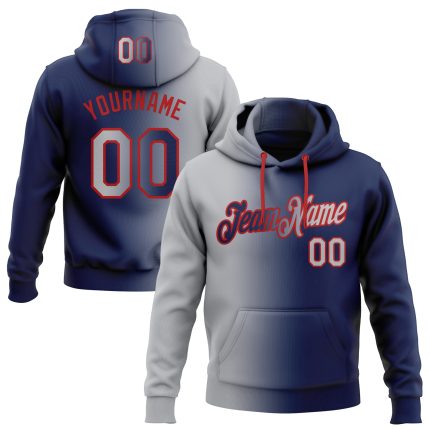 Custom Team Hoodie with Personalized Name & Number, Navy Gray Red Gradient Fashion Sports Pullover Sweatshirt Personalized