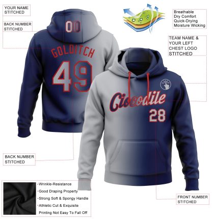 Custom Team Hoodie with Personalized Name & Number, Navy Gray Red Gradient Fashion Sports Pullover Sweatshirt Personalized