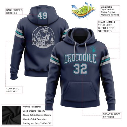 Custom Name and Number Football Hoodie Sweatshirt - Personalized Stitched Navy Gray-Teal Pullover Personalized Stitched Navy