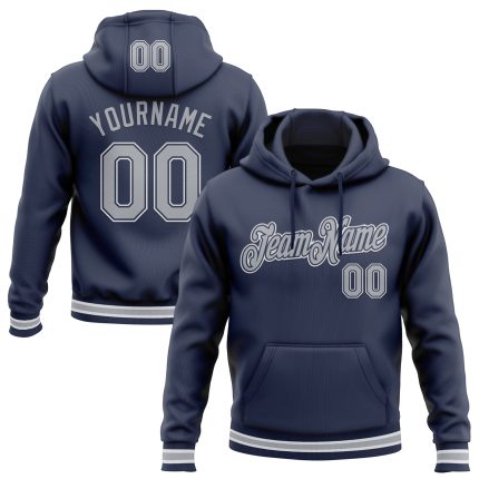 Personalized Navy Gray White Sports Hoodie Stitched Pullover Sweatshirt for Men and Women Personalized Stitched Navy Gray-White
