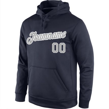 Custom Team Name Number Hoodie Sports Pullover Sweatshirt Navy Gray White Stitched Personalized Stitched Navy Gray-White