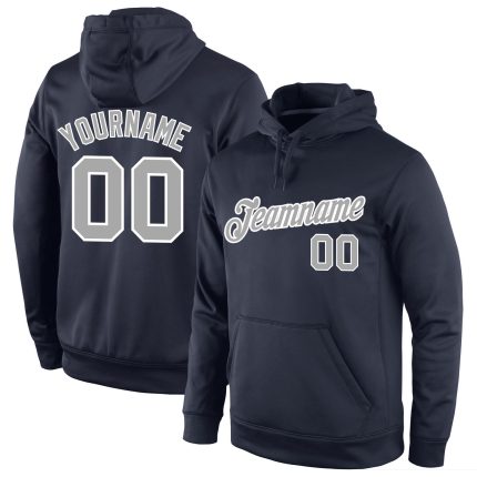 Custom Team Name Number Hoodie Sports Pullover Sweatshirt Navy Gray White Stitched Personalized Stitched Navy Gray-White