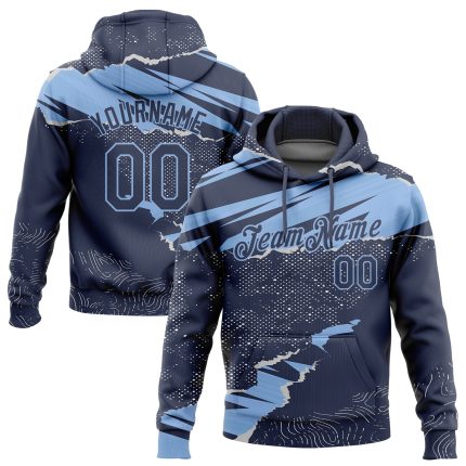 Custom Name and Number Sports Hoodie - Personalized 3D Pattern Design Torn Paper Style Navy Light Blue Pullover Sweatshirt