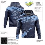 Custom Name and Number Sports Hoodie - Personalized 3D Pattern Design Torn Paper Style Navy Light Blue Pullover Sweatshirt