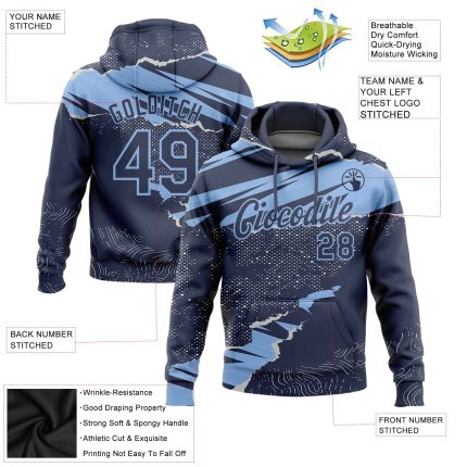 Custom Name and Number Sports Hoodie - Personalized 3D Pattern Design Torn Paper Style Navy Light Blue Pullover Sweatshirt