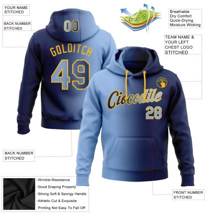 Custom Name Number Pullover Hoodie Navy Light Blue Gold Gradient Fashion Sports Sweatshirt - Personalized Team Apparel Personalized