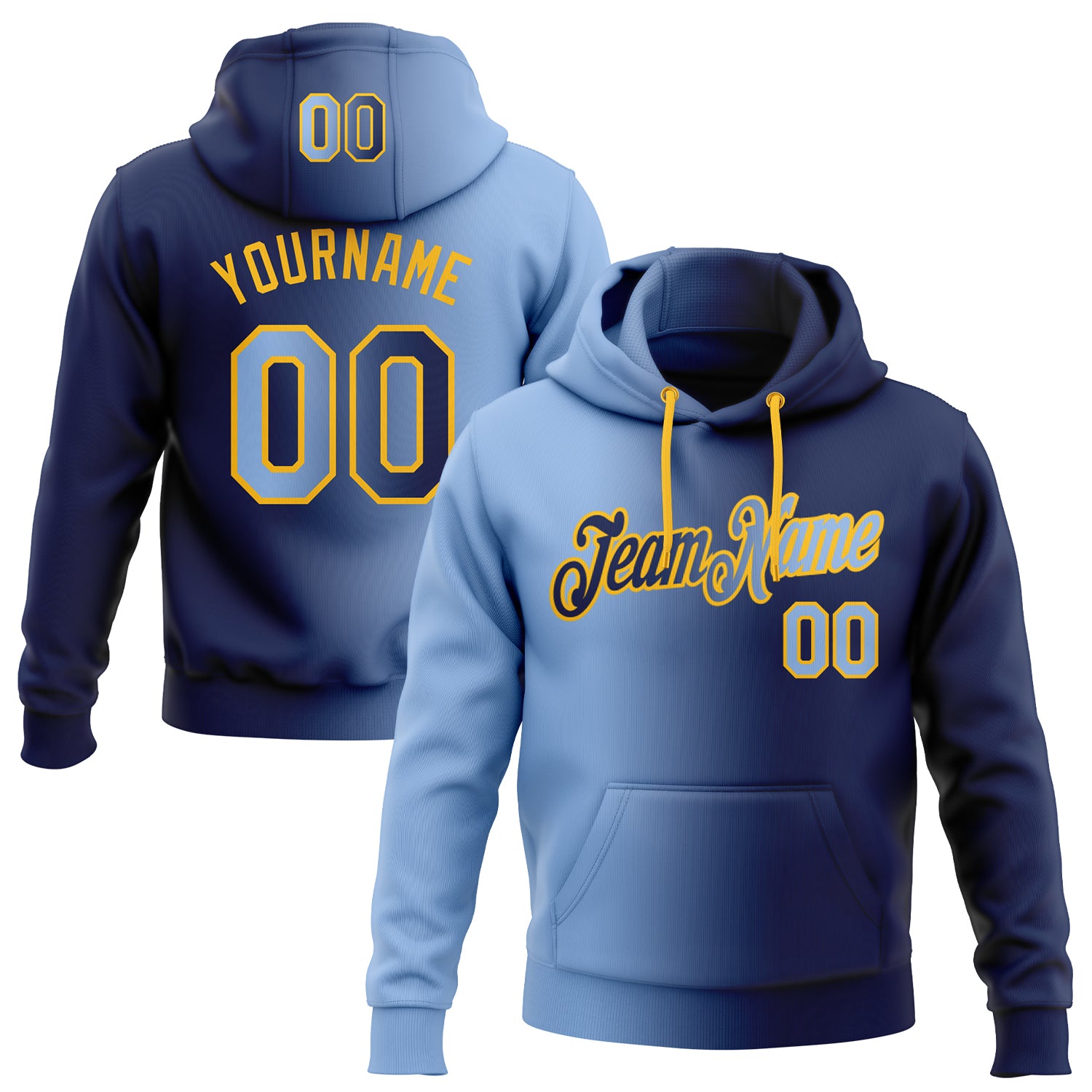 Custom Name Number Pullover Hoodie Navy Light Blue Gold Gradient Fashion Sports Sweatshirt - Personalized Team Apparel Personalized