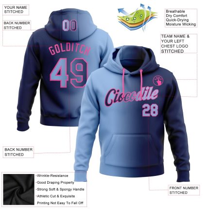 Custom Name and Number Stitched Hoodie in Navy Light Blue-Pink Gradient Fashion Sports Pullover Sweatshirt Personalized Stitched