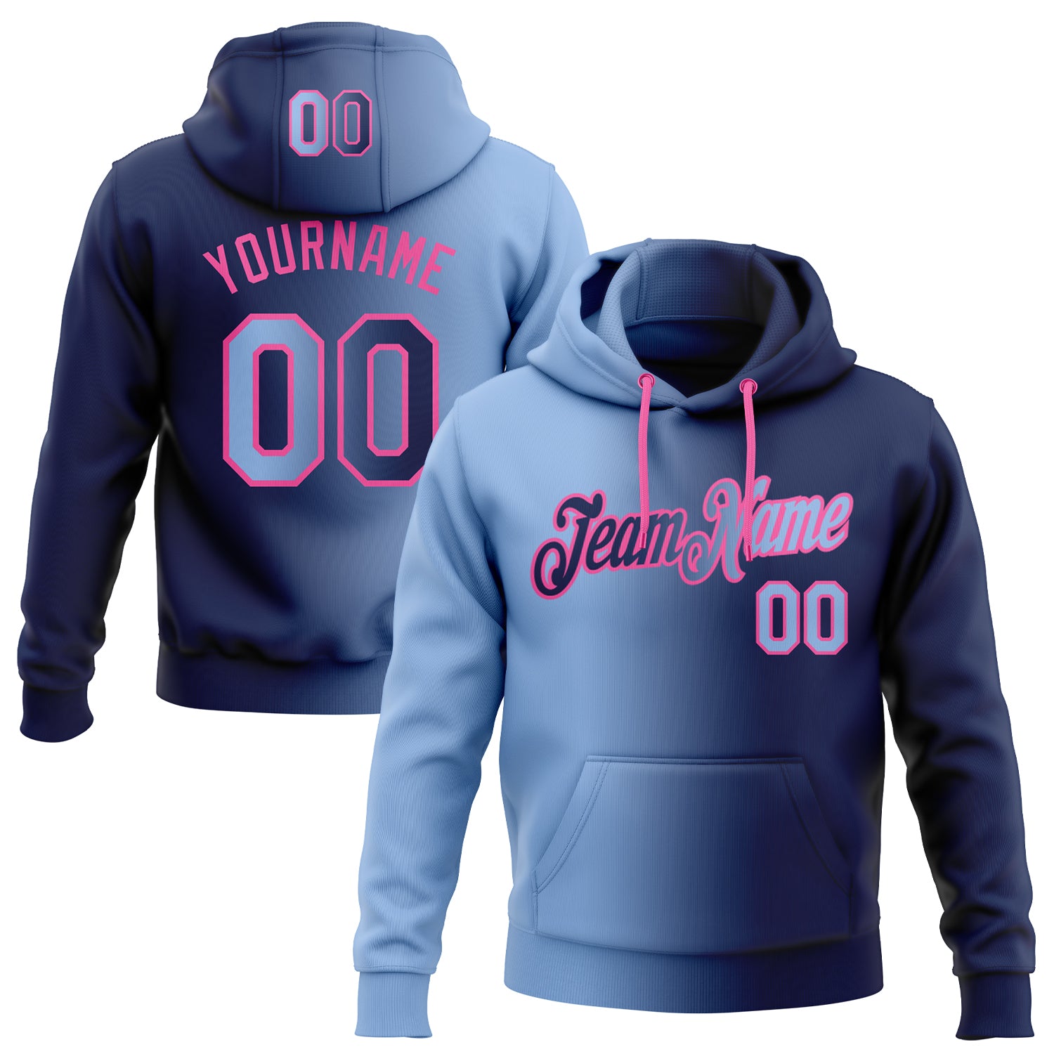 Custom Name and Number Stitched Hoodie in Navy Light Blue-Pink Gradient Fashion Sports Pullover Sweatshirt Personalized Stitched
