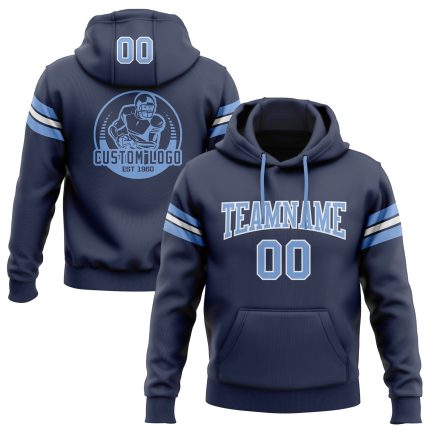 Custom Navy Light Blue-White Football Hoodie Sweatshirt with Personalized Name and Number Personalized Stitched Navy Light
