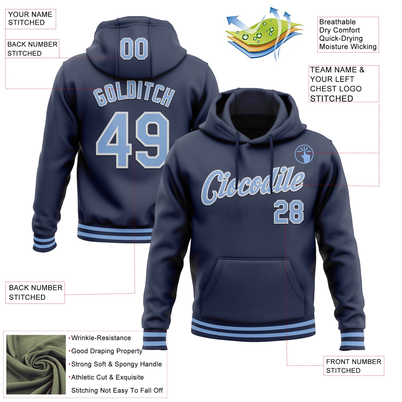 Personalized Stitched Navy Light Blue-White Sports Pullover Sweatshirt Hoodie Team Custom Name and Number Customizable Sports Hoodie with Team Name and Number - Stitched Navy Light Blue-White Pullover Sweatshirt Personalized Stitched - Image 3