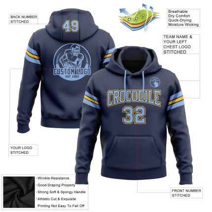 Custom Name Number Football Hoodie Sweatshirt Personalized Stitched Navy Light Blue Yellow Pullover Personalized Stitched