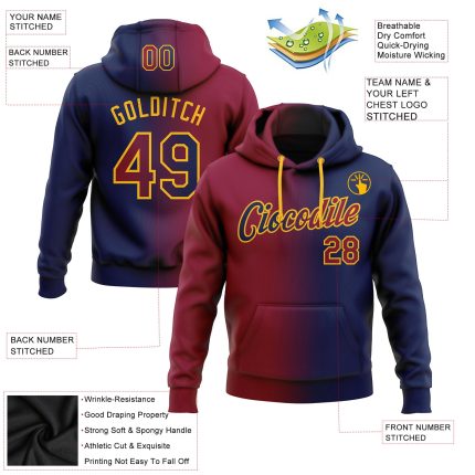 Custom Team Name Number Hoodie, Personalized Stitched Pullover Sweatshirt, Navy Maroon Gold Gradient Fashion Sports Apparel