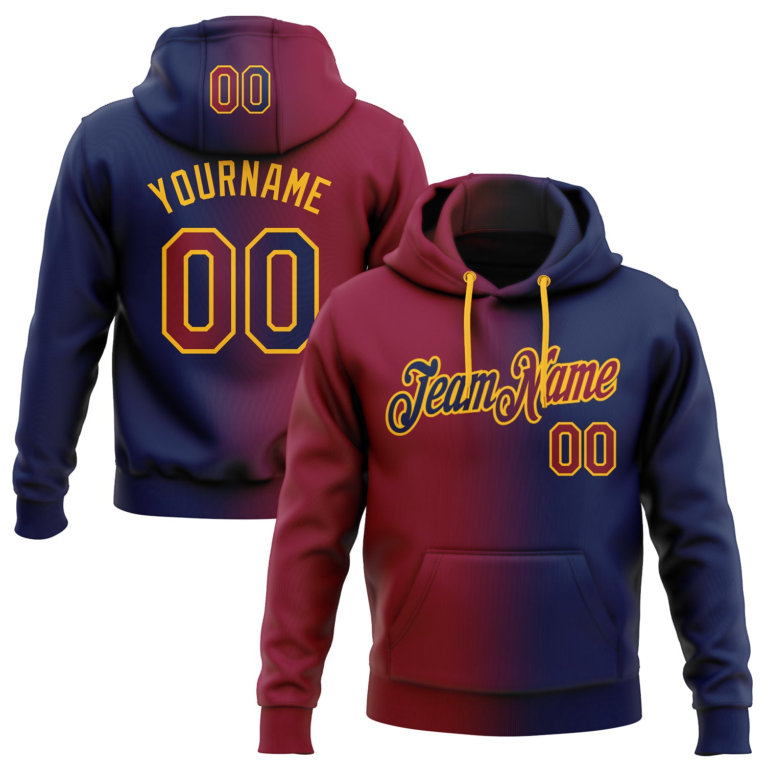 Custom Team Name Number Hoodie, Personalized Stitched Pullover Sweatshirt, Navy Maroon Gold Gradient Fashion Sports Apparel