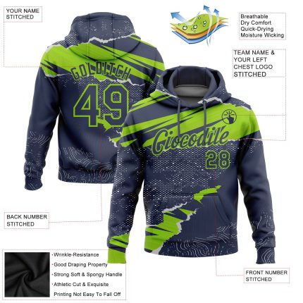 Custom 3D Pattern Torn Paper Style Sports Hoodie with Name & Number - Personalized Stitched Navy Neon Green Sweatshirt Personalized