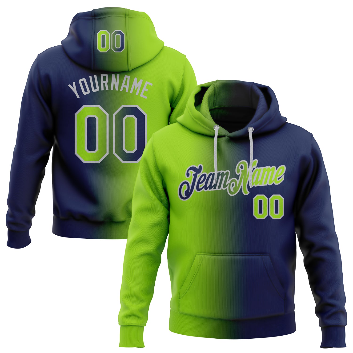 Custom Name Number Pullover Hoodie for Sports, Personalized Stitched Navy Neon Green Gray Gradient Sweatshirt Personalized