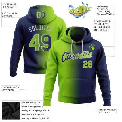 Custom Name Number Pullover Hoodie for Sports, Personalized Stitched Navy Neon Green Gray Gradient Sweatshirt Personalized