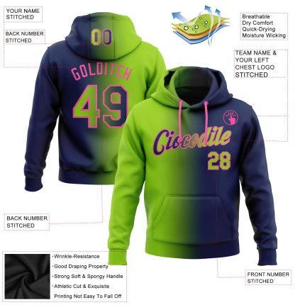 Custom Team Name Number Personalized Hoodie Pullover Sweatshirt in Navy Neon Green-Pink Gradient Fashion Sports Design Personalized