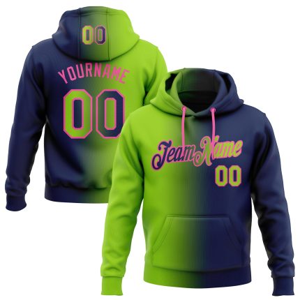 Custom Team Name Number Personalized Hoodie Pullover Sweatshirt in Navy Neon Green-Pink Gradient Fashion Sports Design Personalized