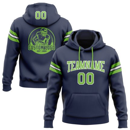 Custom Team Hoodie with Personalized Name and Number - Navy Neon Green-White Stitched Football Pullover Sweatshirt Personalized