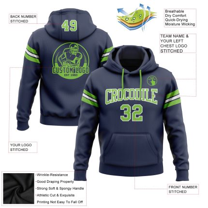 Custom Team Hoodie with Personalized Name and Number - Navy Neon Green-White Stitched Football Pullover Sweatshirt Personalized
