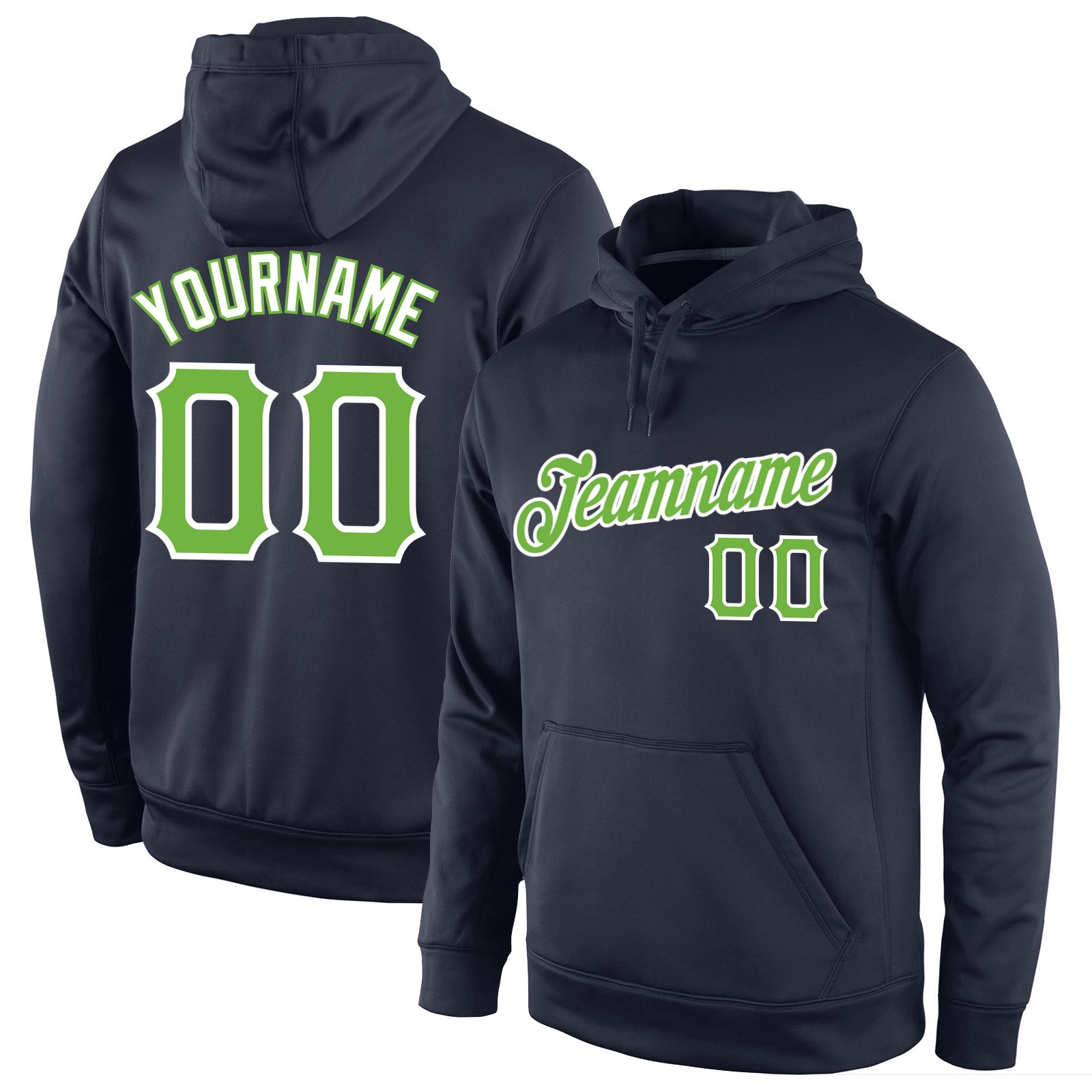 Custom Team Name Number Hoodie Sweatshirt Pullover Navy Neon Green-White Personalized Stitched Sports Apparel Personalized
