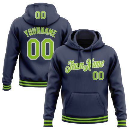 Personalized Neon Green-White Navy Sports Hoodie Pullover Sweatshirt Personalized Stitched Navy Neon Green-White Sports Pullover