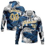 Custom Name & Number Sports Hoodie with 3D Leopard & Tropical Plants Design in Navy, Old Gold & White - Personalized Pullover Sweatshirt