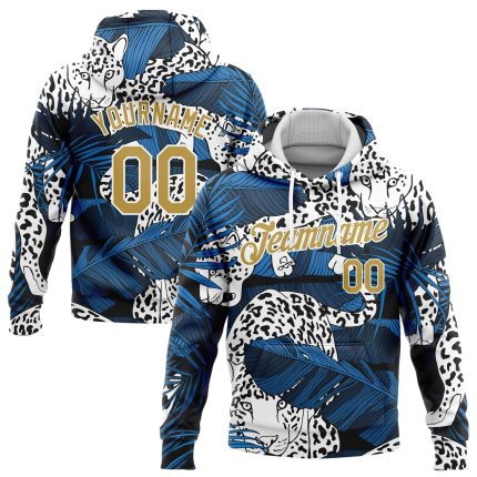 Custom Name & Number Sports Hoodie with 3D Leopard & Tropical Plants Design in Navy, Old Gold & White - Personalized Pullover Sweatshirt