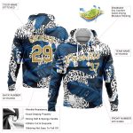 Custom Name & Number Sports Hoodie with 3D Leopard & Tropical Plants Design in Navy, Old Gold & White - Personalized Pullover Sweatshirt
