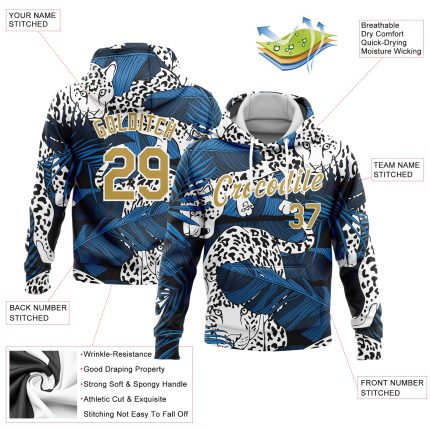 Custom Name & Number Sports Hoodie with 3D Leopard & Tropical Plants Design in Navy, Old Gold & White - Personalized Pullover Sweatshirt