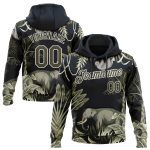 Custom Name and Number Sports Pullover Hoodie for Kids, Navy Olive-White 3D Elephant and Monkey Design, Personalized Sweatshirt