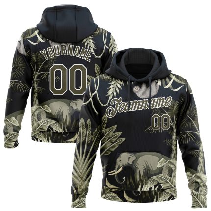 Custom Name and Number Sports Pullover Hoodie for Kids, Navy Olive-White 3D Elephant and Monkey Design, Personalized Sweatshirt