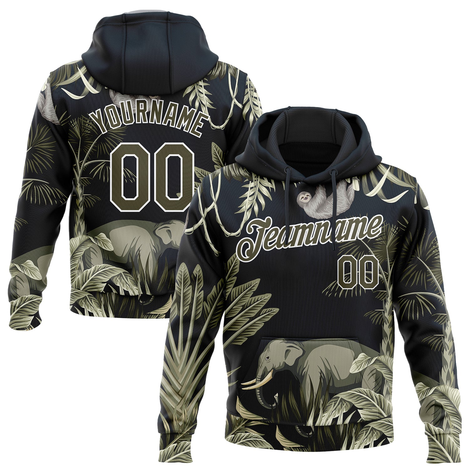 Custom Name and Number Sports Pullover Hoodie for Kids, Navy Olive-White 3D Elephant and Monkey Design, Personalized Sweatshirt