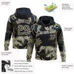Custom Name and Number Sports Pullover Hoodie for Kids, Navy Olive-White 3D Elephant and Monkey Design, Personalized Sweatshirt