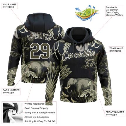 Custom Name and Number Sports Pullover Hoodie for Kids, Navy Olive-White 3D Elephant and Monkey Design, Personalized Sweatshirt