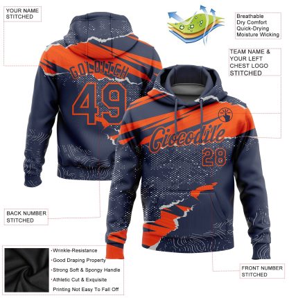 Custom Name and Number Sports Hoodie - Personalized Navy Orange 3D Pattern Stitched Torn Paper Style Pullover Sweatshirt