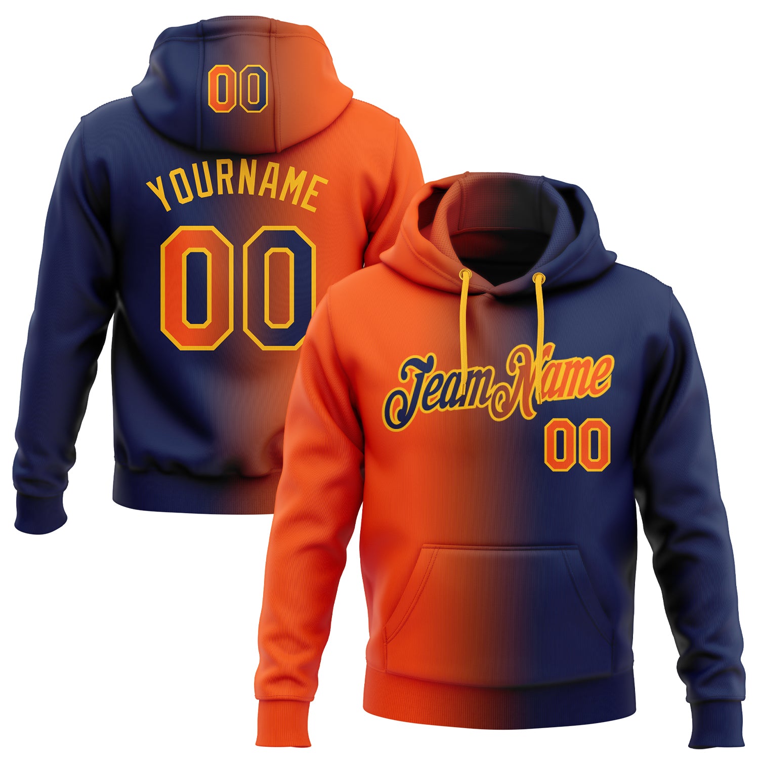 Custom Name Number Pullover Hoodie for Sports, Personalized Navy Orange-Gold Gradient Stitched Fashion Sweatshirt Personalized