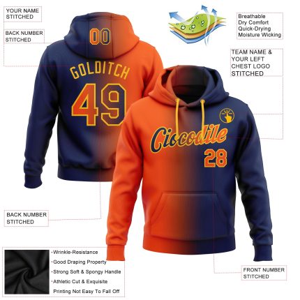 Custom Name Number Pullover Hoodie for Sports, Personalized Navy Orange-Gold Gradient Stitched Fashion Sweatshirt Personalized