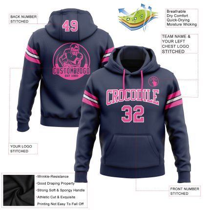 Custom Team Football Pullover Hoodie Sweatshirt for Men Women - Personalized Stitched Name & Number in Navy Pink White Personalized