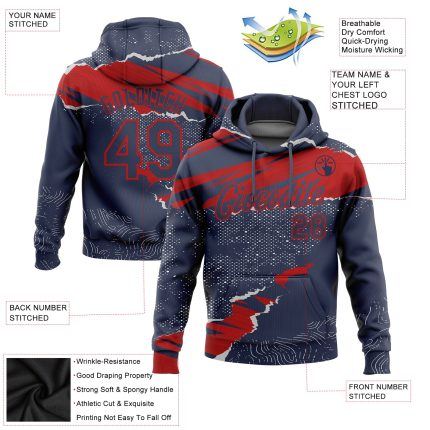 Custom Team Pullover Hoodie with Personalized Name and Number, Stitched Navy Red 3D Torn Paper Pattern Sweatshirt Personalized