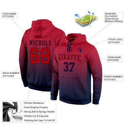 Custom Name Number Sports Hoodie Pullover Sweatshirt in Navy Red Fade Fashion - Personalized Team Apparel Personalized Stitched