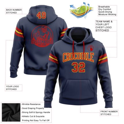Custom Navy Red-Gold Football Hoodie with Personalized Name and Number - Stitched Pullover Sweatshirt Personalized Stitched