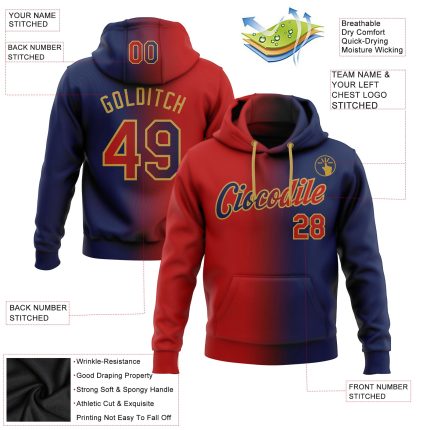 Custom Team Name Number Hoodie Sweatshirt - Personalized Navy Red Gold Gradient Pullover Fashion Sports Gear Personalized