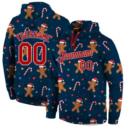 Custom Name and Number 3D Sports Sweatshirt Hoodie for Christmas - Personalized Navy Red-White Design Personalized Stitched