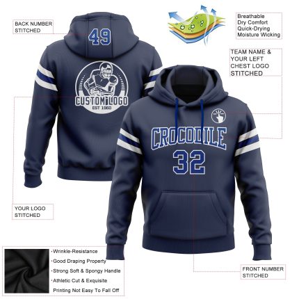 Custom Navy Royal-White Football Hoodie with Personalized Stitched Name & Number - Pullover Sweatshirt Personalized Stitched