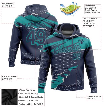 Custom Team Name and Number Sports Hoodie - Personalized Navy Teal 3D Torn Paper Design Pullover Sweatshirt Personalized